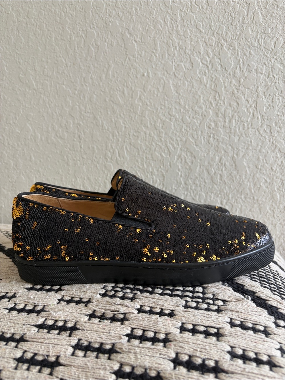 Christian Louboutin Black and Gold Sequin Slip-On Shoes - Picture 3 of 9